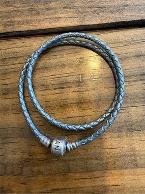 Pandora Metallic Silver Gray Braided Leather Double Wrap Bracelet